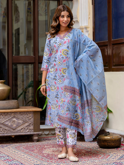Indyancart VV Women Cotton Blend Kurta Pant Dupatta Set