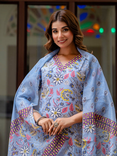 Indyancart VV Women Cotton Blend Kurta Pant Dupatta Set