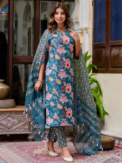 Indyancart VV Women Cotton Blend Kurta Pant Dupatta Set