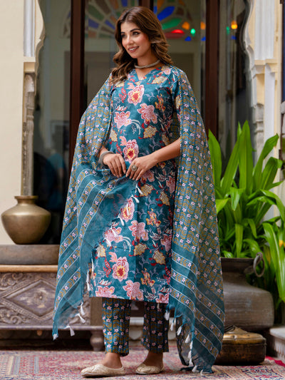 Indyancart VV Women Cotton Blend Kurta Pant Dupatta Set