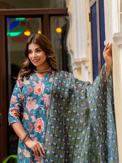 Dhiyona VV Women Cotton Blend Kurta Pant Dupatta Set