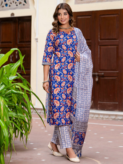 Indyancart VV Women Cotton Blend Kurta Pant Dupatta Set