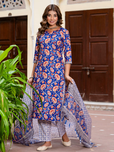 Indyancart VV Women Cotton Blend Kurta Pant Dupatta Set