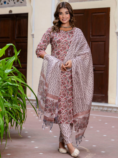 Indyancart VV Women Cotton Blend Kurta Pant Dupatta Set