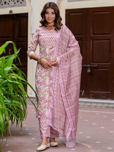 Indyancart VV Women Cotton Blend Kurta Pant Dupatta Set