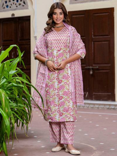 Indyancart VV Women Cotton Blend Kurta Pant Dupatta Set