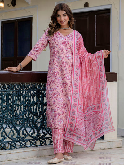 Indyancart VV Women Cotton Blend Kurta Pant Dupatta Set