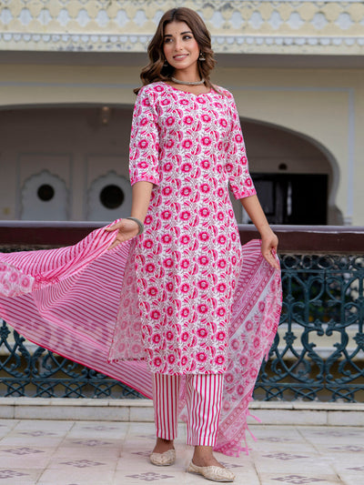 Indyancart VV Women Cotton Blend Kurta Pant Dupatta Set