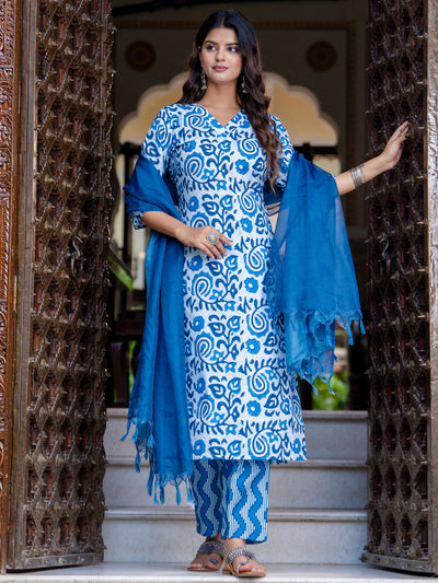 Indyancart VV Women Cotton Blend Kurta Pant Dupatta Set