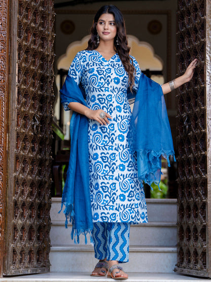 Dhiyona VV Women Cotton Blend Kurta Pant Dupatta Set