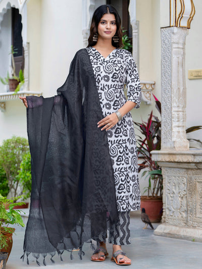 Indyancart VV Women Cotton Blend Kurta Pant Dupatta Set