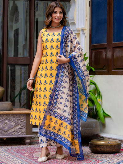 Indyancart VV Women Cotton Blend Kurta Pant Dupatta Set