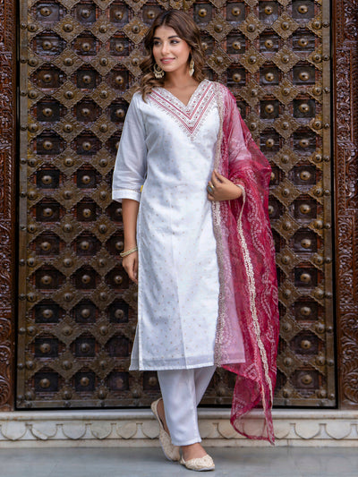 Indyancart VV Women's Chanderi Kurta & Pant Dupatta Set