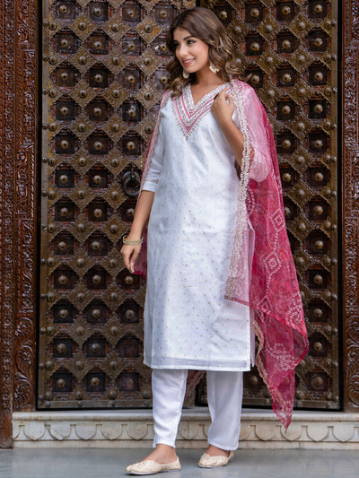 Indyancart VV Women's Chanderi Kurta & Pant Dupatta Set