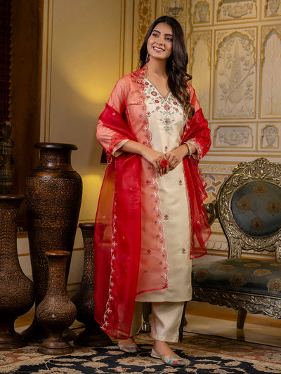 Indyancart VV Women's Embroidered Silk Blend Calf Length Straight Kurta Trouser with Dupatta Set