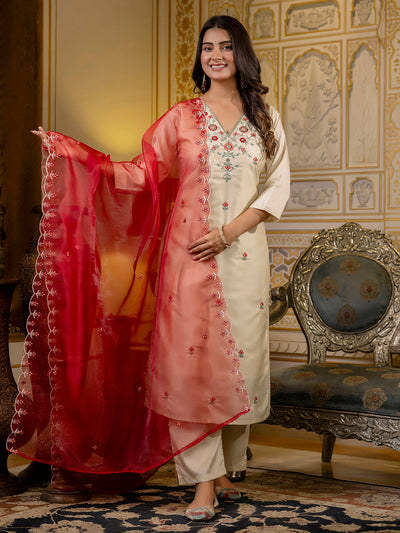 Indyancart VV Women's Embroidered Silk Blend Calf Length Straight Kurta Trouser with Dupatta Set
