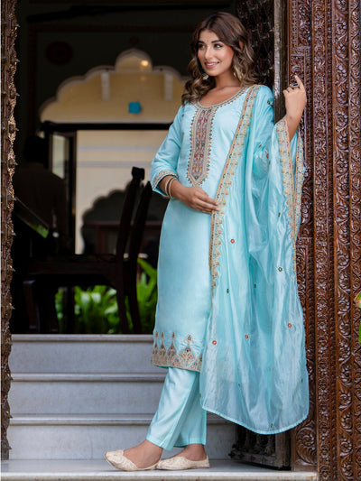 Indyancart VV Women's Embroidered Silk Blend Calf Length Straight Kurta Trouser with Dupatta Set