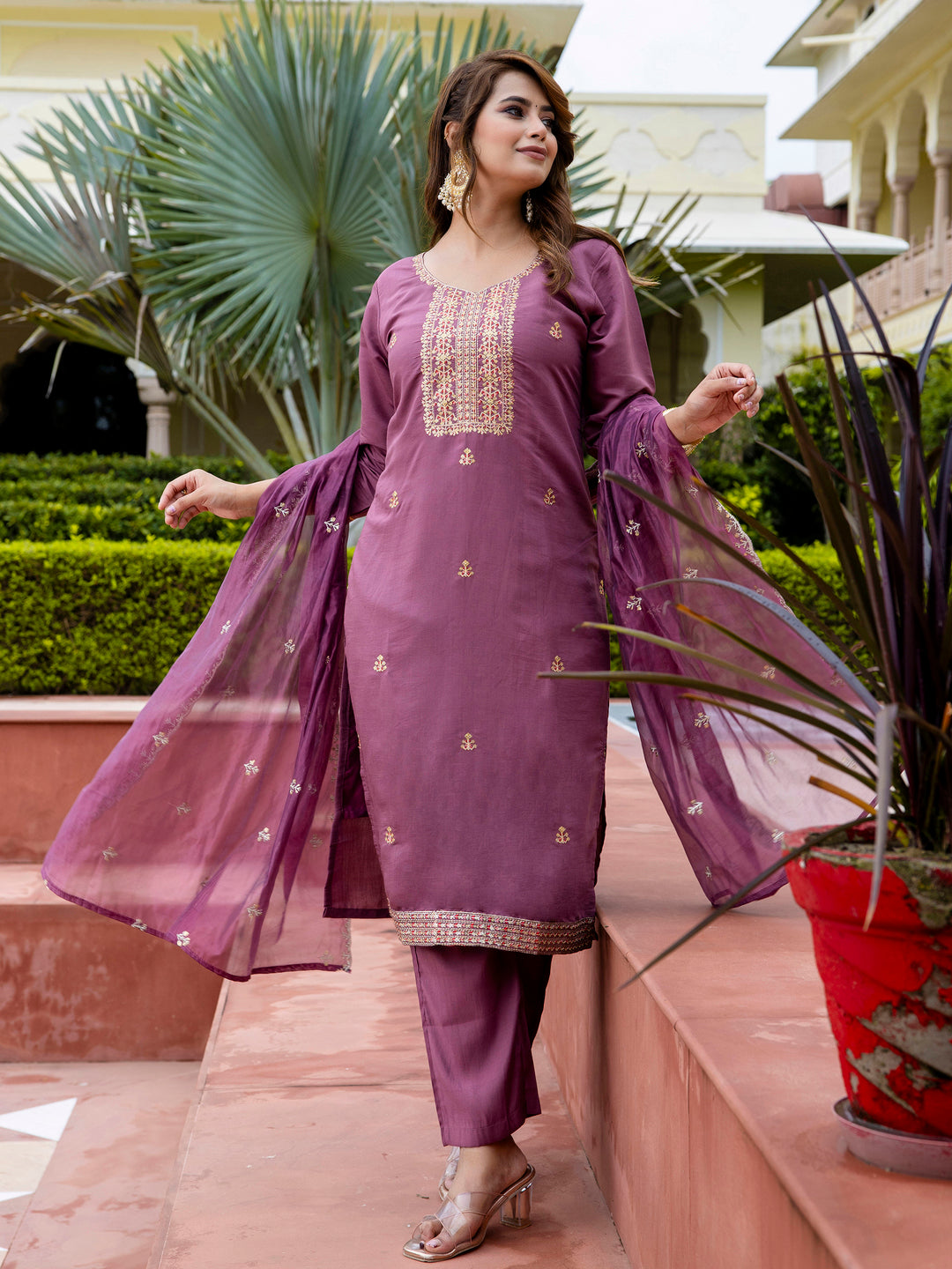 Dhiyona VV Women's Embroidered Silk Blend Calf Length Straight Kurta with Palazzo & Dupatta Set