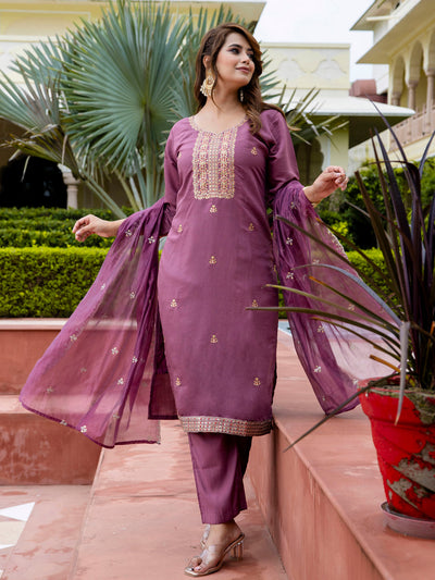 Indyancart VV Women's Embroidered Silk Blend Calf Length Straight Kurta with Palazzo & Dupatta Set