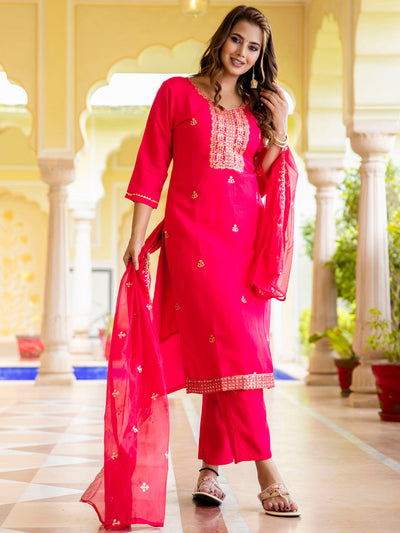 Indyancart VV Women's Embroidered Silk Blend Calf Length Straight Kurta with Palazzo & Dupatta Set