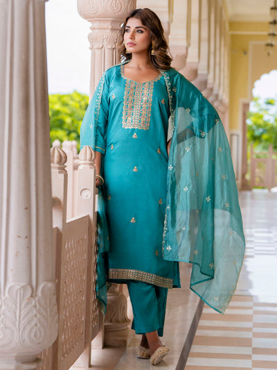 Indyancart VV Women's Embroidered Silk Blend Calf Length Straight Kurta with Palazzo & Dupatta Set
