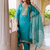Dhiyona VV Women's Embroidered Silk Blend Calf Length Straight Kurta with Palazzo & Dupatta Set