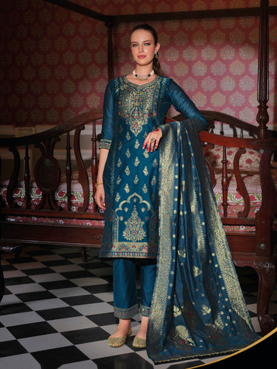 Indyancart VV Women's Silk Blend Kurta Pant Dupatta Set