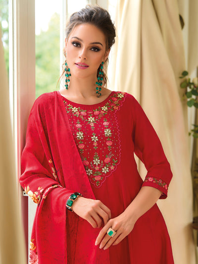 Indyancart VV Women's Silk Blend Kurta Pant Dupatta Set