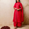 Dhiyona VV Women's Embroidered Silk Blend Calf Length Flare Kurta with Palazzo & Dupatta Set
