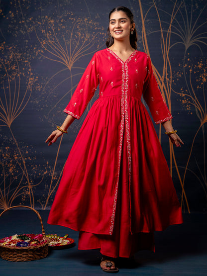 Dhiyona VV Women's Embroidered Silk Blend Calf Length Flare Kurta with Palazzo & Dupatta Set