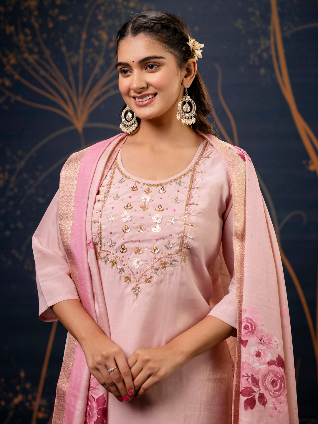 Dhiyona VV Women's Pink Kurta and Pant Sets Simar Silk fabric