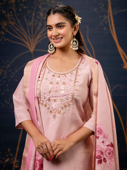 Dhiyona VV Women's Pink Kurta and Pant Sets Simar Silk fabric