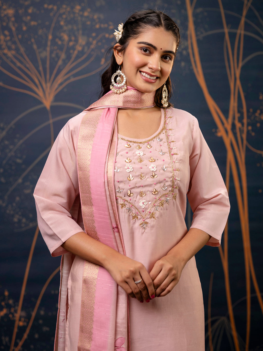 Dhiyona VV Women's Pink Kurta and Pant Sets Simar Silk fabric