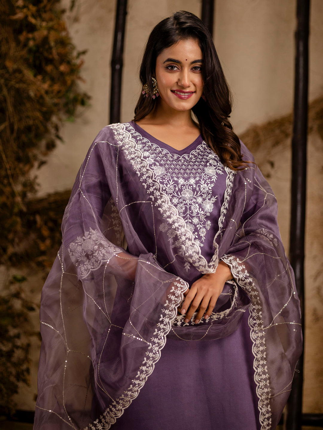 Dhiyona VV Women's Embroidered Silk Blend Calf Length Straight Kurta Trouser with Dupatta Set