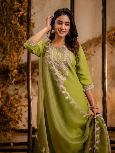 Indyancart VV Women's Embroidered Silk Blend Calf Length Straight Kurta Trouser with Dupatta Set