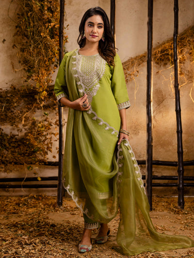 Indyancart VV Women's Embroidered Silk Blend Calf Length Straight Kurta Trouser with Dupatta Set