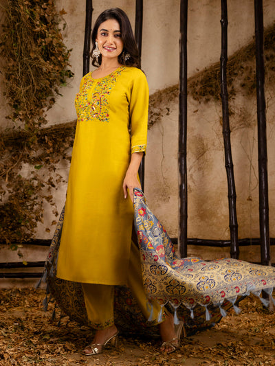 Indyancart VV Women's Embroidered Viscose Rayon Calf Length Straight Kurta Trouser with Dupatta Set