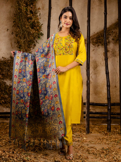 Indyancart VV Women's Embroidered Viscose Rayon Calf Length Straight Kurta Trouser with Dupatta Set