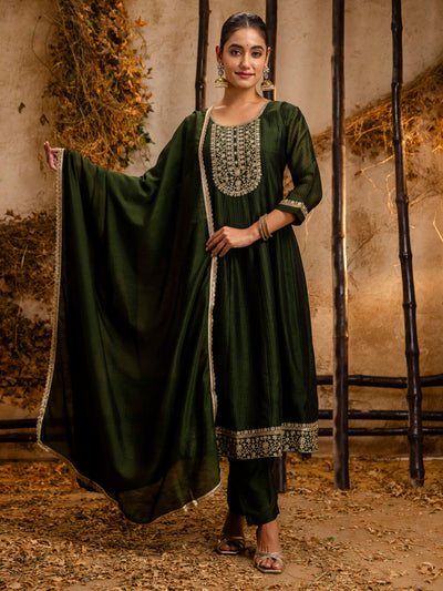 Indyancart VV Women's Embroidered Silk Blend Anarkali Kurta Pant With Dupatta Set