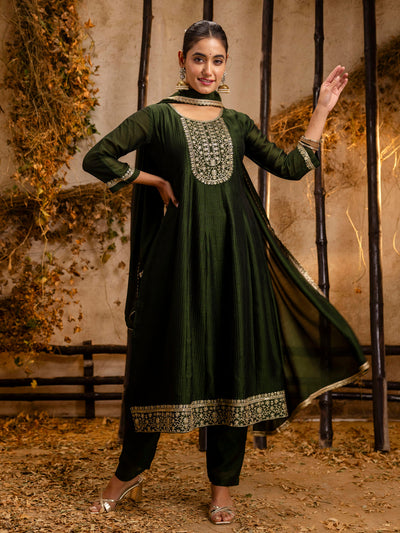 Indyancart VV Women's Embroidered Silk Blend Anarkali Kurta Pant With Dupatta Set