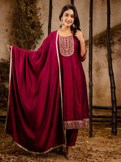 Indyancart VV Women's Embroidered Silk Blend Anarkali Kurta Pant With Dupatta Set