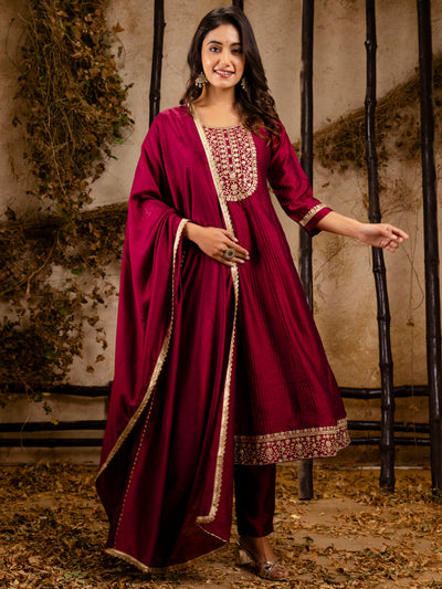 Indyancart VV Women's Embroidered Silk Blend Anarkali Kurta Pant With Dupatta Set