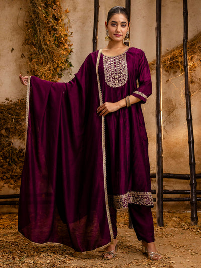 Indyancart VV Women's Embroidered Silk Blend Anarkali Kurta Pant With Dupatta Set