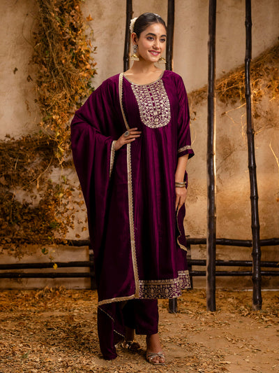 Indyancart VV Women's Embroidered Silk Blend Anarkali Kurta Pant With Dupatta Set