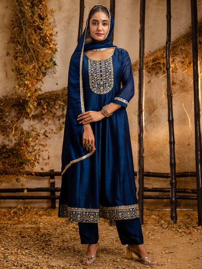 Indyancart VV Women's Embroidered Silk Blend Anarkali Kurta Pant With Dupatta Set