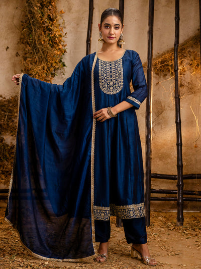 Indyancart VV Women's Embroidered Silk Blend Anarkali Kurta Pant With Dupatta Set