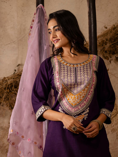 Indyancart VV Women's Embroidered Viscose Rayon Calf Length Straight Kurta Trouser with Dupatta Set