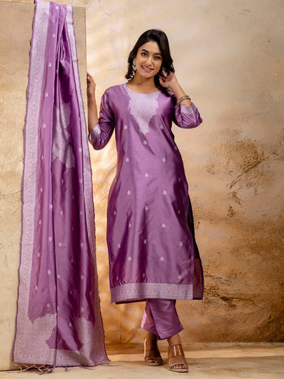 Indyancart VV Women's Embroidered Cotton Blend Kurta Pant Sets with Dupatta