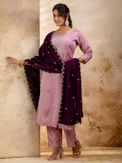 Indyancart VV Women's Embroidered Silk Blend Kurta Pant Sets With Dupatta