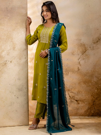 Indyancart VV Women's Embroidered Silk Blend Kurta Pant Sets With Dupatta